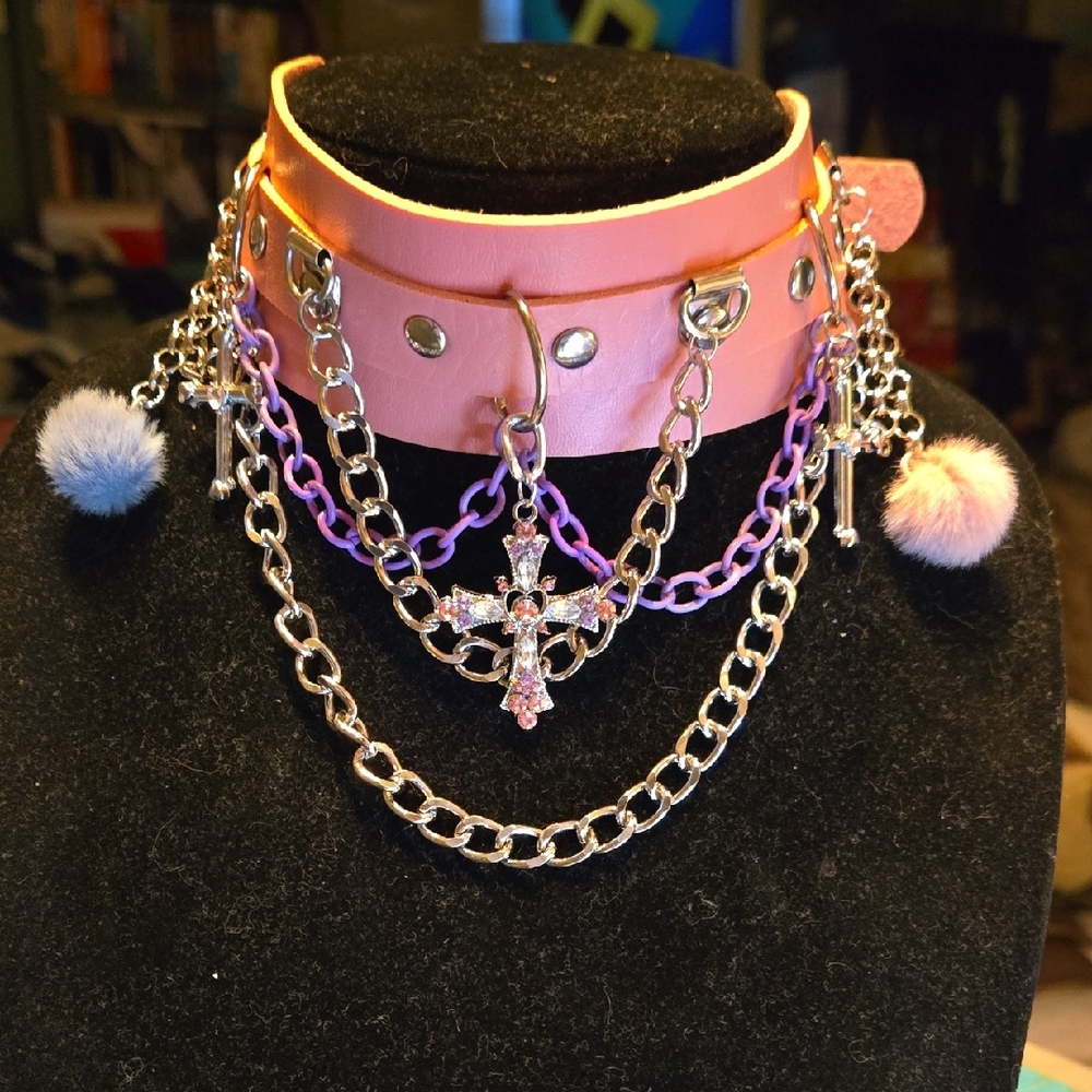 Lavendar and Silver Chain Choker with Cross Pendants